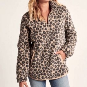Abercrombie & Fitch Sherpa Half-Zip Faux Leather Trim Leopard Print Pullover XS